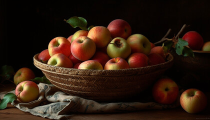 Rustic basket of ripe apples, fresh from the farm orchard generated by AI