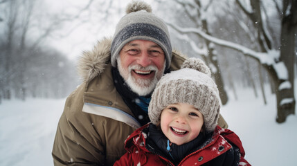 Fototapeta na wymiar Winter portrait of parent and child in winter park.