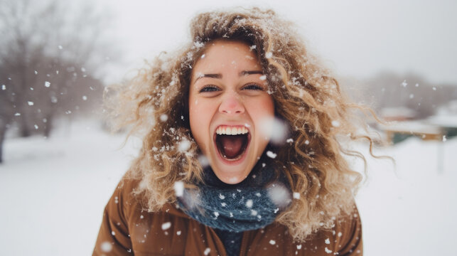 Winter's happiness: A woman finds bliss in the simple pleasures of snow, making the most of the season's enchanting charm.