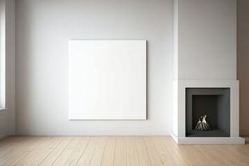 Empty square canvas on the fireplace-equipped living room's beige wall. Parquet. Mockup. Modern home design. Generative AI