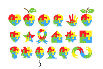 World Autism Awareness Day. Design elements in colorful puzzle pieces. 