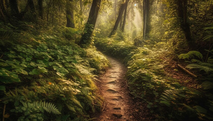 Tranquil scene of a forest footpath in autumn beauty generated by AI