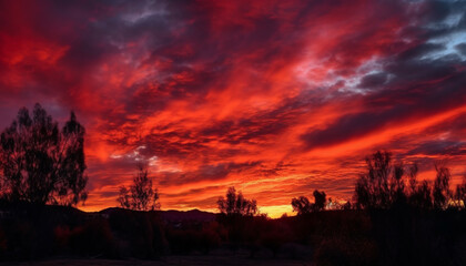 Silhouette of majestic tree against vibrant orange sky at dusk generated by AI