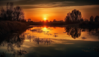 Obraz premium Tranquil sunset silhouette reflects vibrant nature beauty over water horizon generated by AI