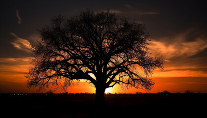 Fototapeta na wymiar Silhouette of acacia tree back lit by orange sunset sky generated by AI