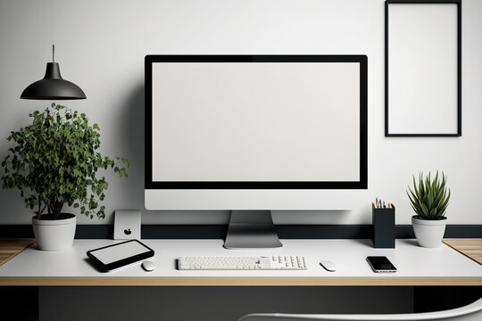 Modern office desk with empty PC and wall-mounted placard. mockup. Generative AI