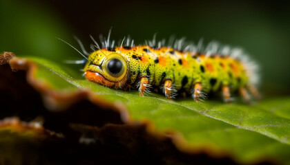 Fototapeta premium Striped caterpillar crawls on green leaf, transforming into butterfly generated by AI