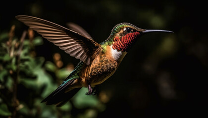 Naklejka premium Hovering rufous hummingbird spreads iridescent wings for pollination in nature generated by AI