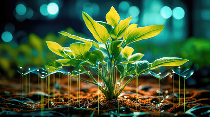 Uniting Technology and Plant Life, Cyber plants, future, seedlings, farming, leaves. Generative AI