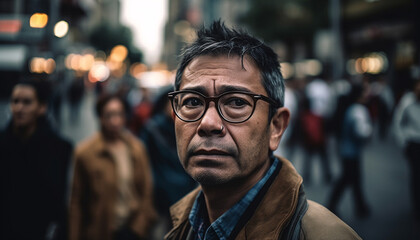 Fototapeta premium Confident businessman smiling at camera in bustling city nightlife generated by AI