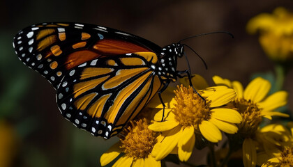 Vibrant monarch butterfly pollinates single flower in natural beauty generated by AI