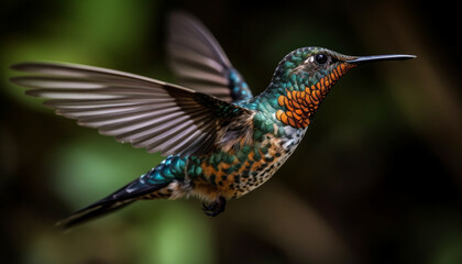 Obraz premium Hovering rufous hummingbird feeds on vibrant flower in tropical rainforest generated by AI