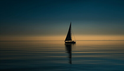 Sailing yacht glides on tranquil waves, silhouetted against sunset generated by AI