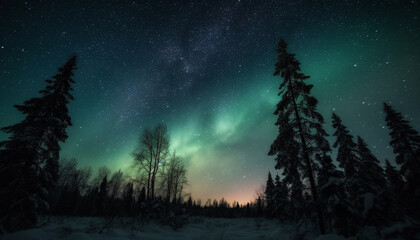 Naklejka premium Deep winter night, star field illuminates majestic mountain landscape generated by AI
