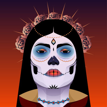 Woman celebrating day of the dead with cultural face paint and costume