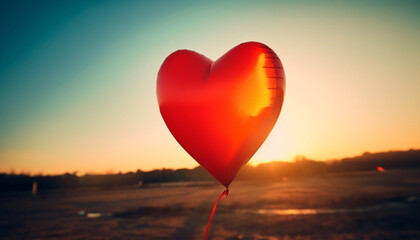 Love and romance in heart shaped sunset balloon celebration outdoors generated by AI