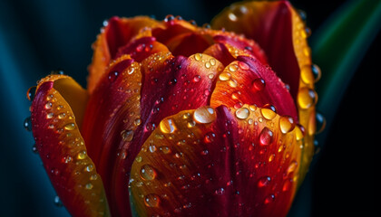 Vibrant tulip blossom, wet with dew, reflects beauty in nature generated by AI