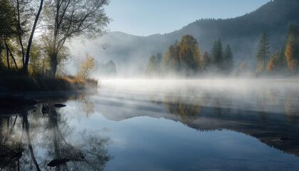 Tranquil autumn forest landscape with fog, water reflection, and mountains generated by AI