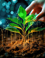 Uniting Technology and Plant Life, Cyber plants, future, seedlings, farming, leaves. Generative AI - obrazy, fototapety, plakaty