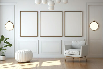 Interior of a light room mockup with three empty frames, wooden floor lamp, white pouf, and white wall. frames for posters or pictures on a white wall. Mockup of a white, brilliant wall. Generative AI