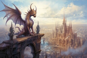Ornate gothic gargoyles, perched atop ancient cathedrals, watching over the city below - Generative AI
