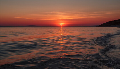 Obraz premium Tranquil sunset over water, nature beauty in orange and gold generated by AI