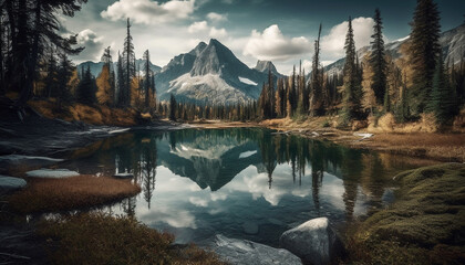 Majestic mountain range reflects tranquil scene of natural beauty generated by AI