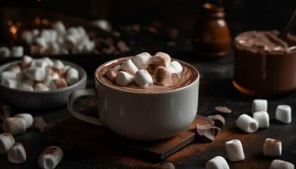 Hot chocolate and marshmallow on rustic wood table, indulgent dessert generated by AI
