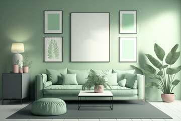 Poster showcase in a room with a flat color interior and six frames on the wall, as well as a monochromatic light green gallery wall without any furniture. Generative AI