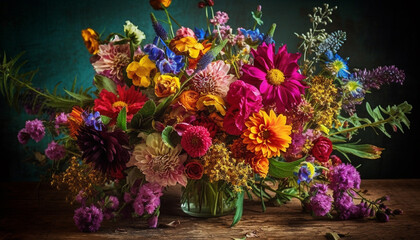Multi colored bouquet of fresh flowers in rustic wooden vase generated by AI