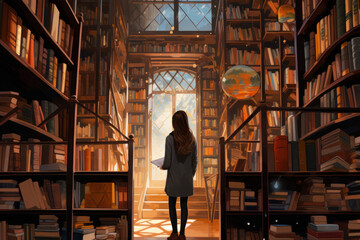 color block digital illustration of a young woman in dark academia library/bookstore with books reading/working/research In a textured hand drawn style for focus/concentration/productivity - obrazy, fototapety, plakaty