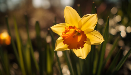 Fototapeta premium Vibrant yellow tulip blossom in formal garden, close up beauty generated by AI