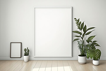 White wall with an empty horizontal poster template in a contemporary interior space. hardwood floor with a house plant in it. Generative AI