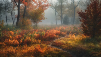 Tranquil autumn forest, mysterious fog, vibrant colors, wilderness beauty generated by AI