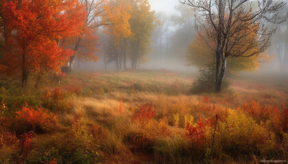 Fototapeta premium Vibrant autumn landscape foggy forest, yellow leaves, tranquil meadow generated by AI