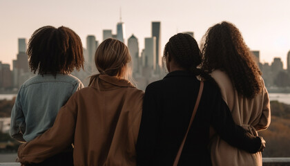 Young adults standing together, embracing love in the urban skyline generated by AI