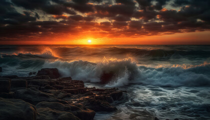 Tranquil seascape at dusk, reflecting dramatic sky and breaking waves generated by AI