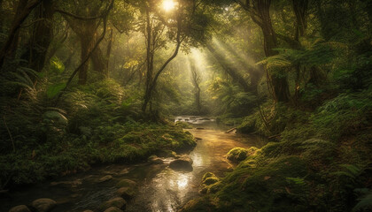 Tranquil scene of a tropical rainforest with flowing water and ferns generated by AI