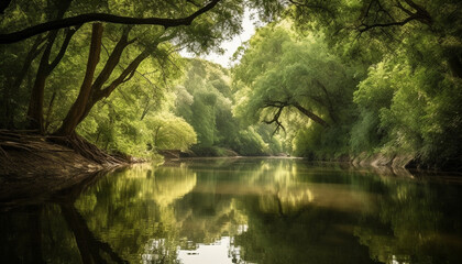 Tranquil scene of natural beauty  green forest reflects in pond generated by AI