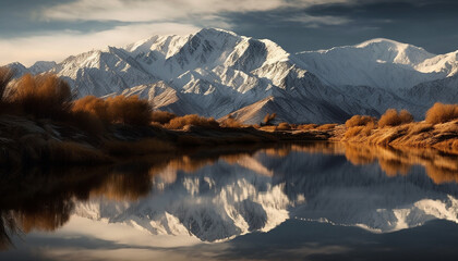 Tranquil scene of majestic mountain range reflected in calm water generated by AI