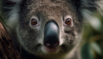 Fluffy koala staring, front view, selective focus on snout generated by AI