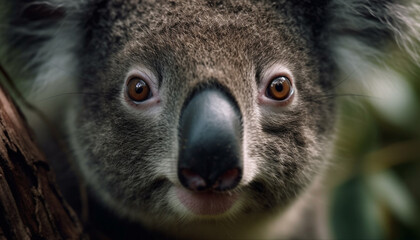 Naklejka premium Fluffy koala staring, front view, selective focus on snout generated by AI