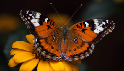 Vibrant butterfly wing in focus, pollinating single flower beauty generated by AI