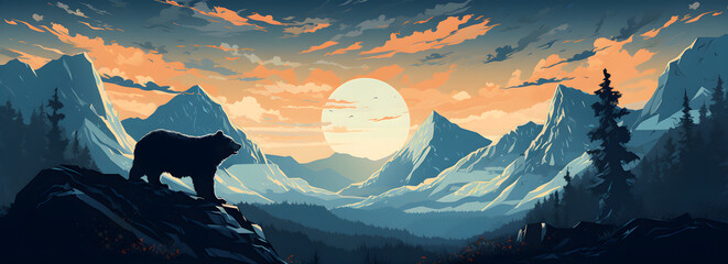 Majestic Bear Silhouette, Dark Azure and Gray Mountain Range Illustration,