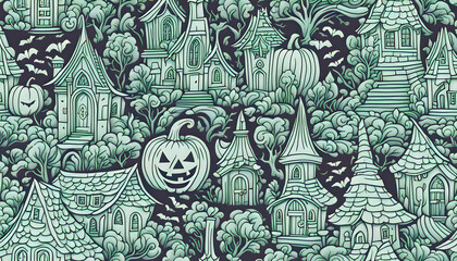 Halloween theme line art doodle cartoon pattern seamless illustration background, 