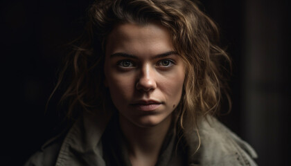 Beautiful young woman with brown hair exudes confidence and elegance generated by AI