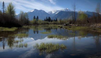 Fototapeta premium Panoramic view of majestic mountain range reflects natural beauty generated by AI