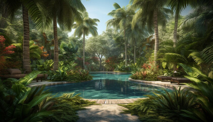 Idyllic tropical resort with palm trees, pool, and lush nature generated by AI - obrazy, fototapety, plakaty