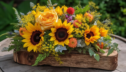 Fresh sunflower bouquet on rustic wood table, a celebration of nature generated by AI