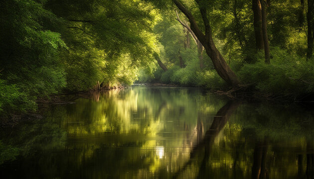 Tranquil scene of a non urban pond reflecting autumn foliage generated by AI